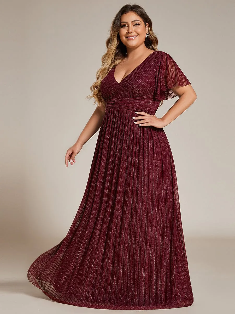 Plus Size V-Neck Glittery Short Sleeves Formal Evening Dress with Empire Waist