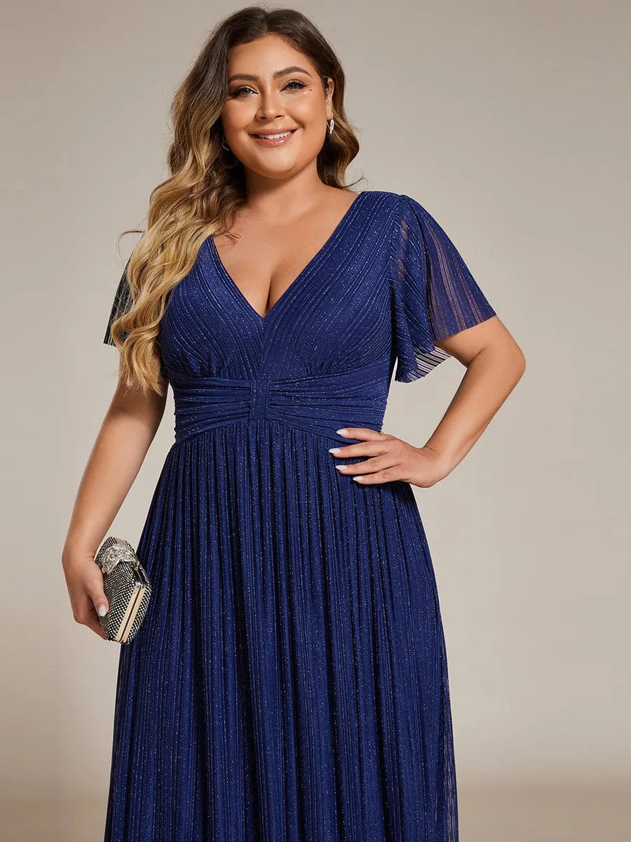 Plus Size V-Neck Glittery Short Sleeves Formal Evening Dress with Empire Waist