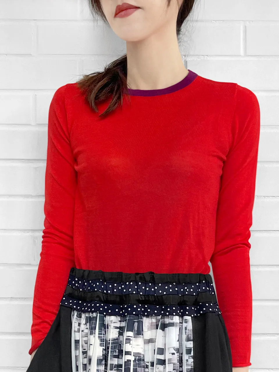 Poppy Red Contrast Trim Merino Wool Jumper