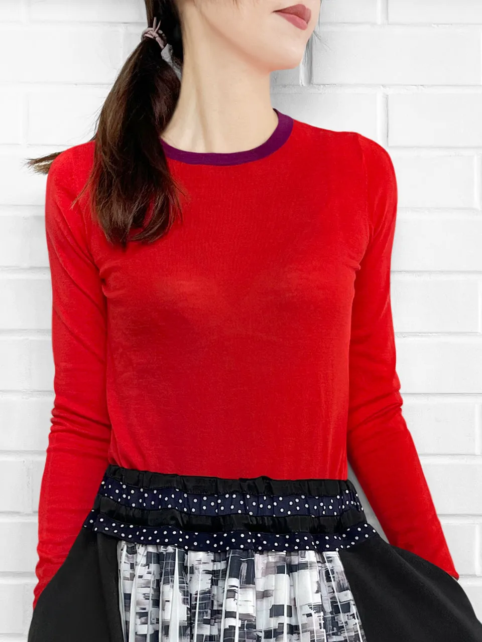 Poppy Red Contrast Trim Merino Wool Jumper