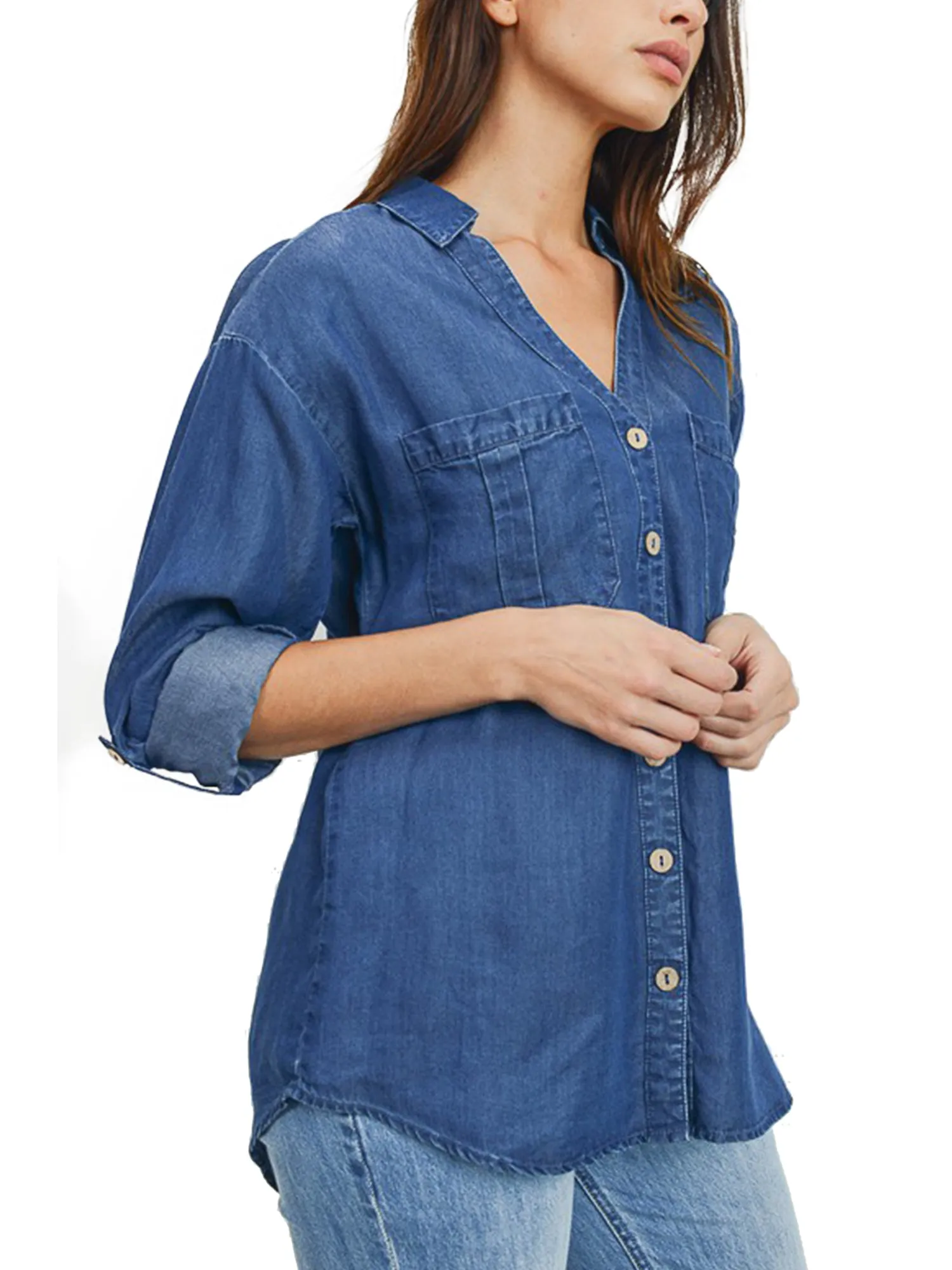 Soft Tencel Button Down Chambray Blouse Utility Shirts (FWT1253)