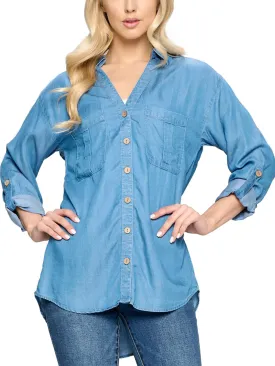 Soft Tencel Button Down Chambray Blouse Utility Shirts (FWT1253)