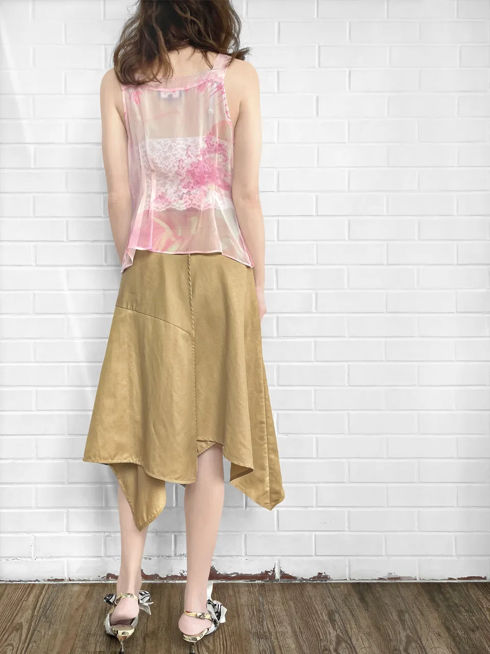 SPECIAL! Pink Pleated Front & Floral Back Silk Tank