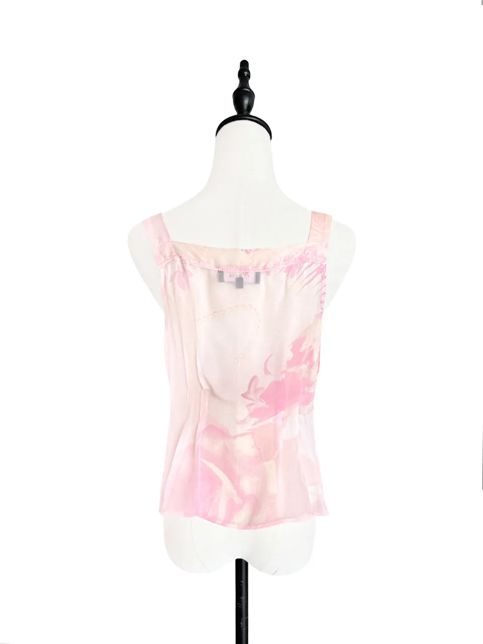 SPECIAL! Pink Pleated Front & Floral Back Silk Tank