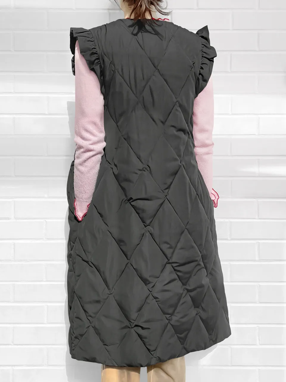 Surprise Sale! Dark Grey Frill Shoulder Longline Quilted Down Vest