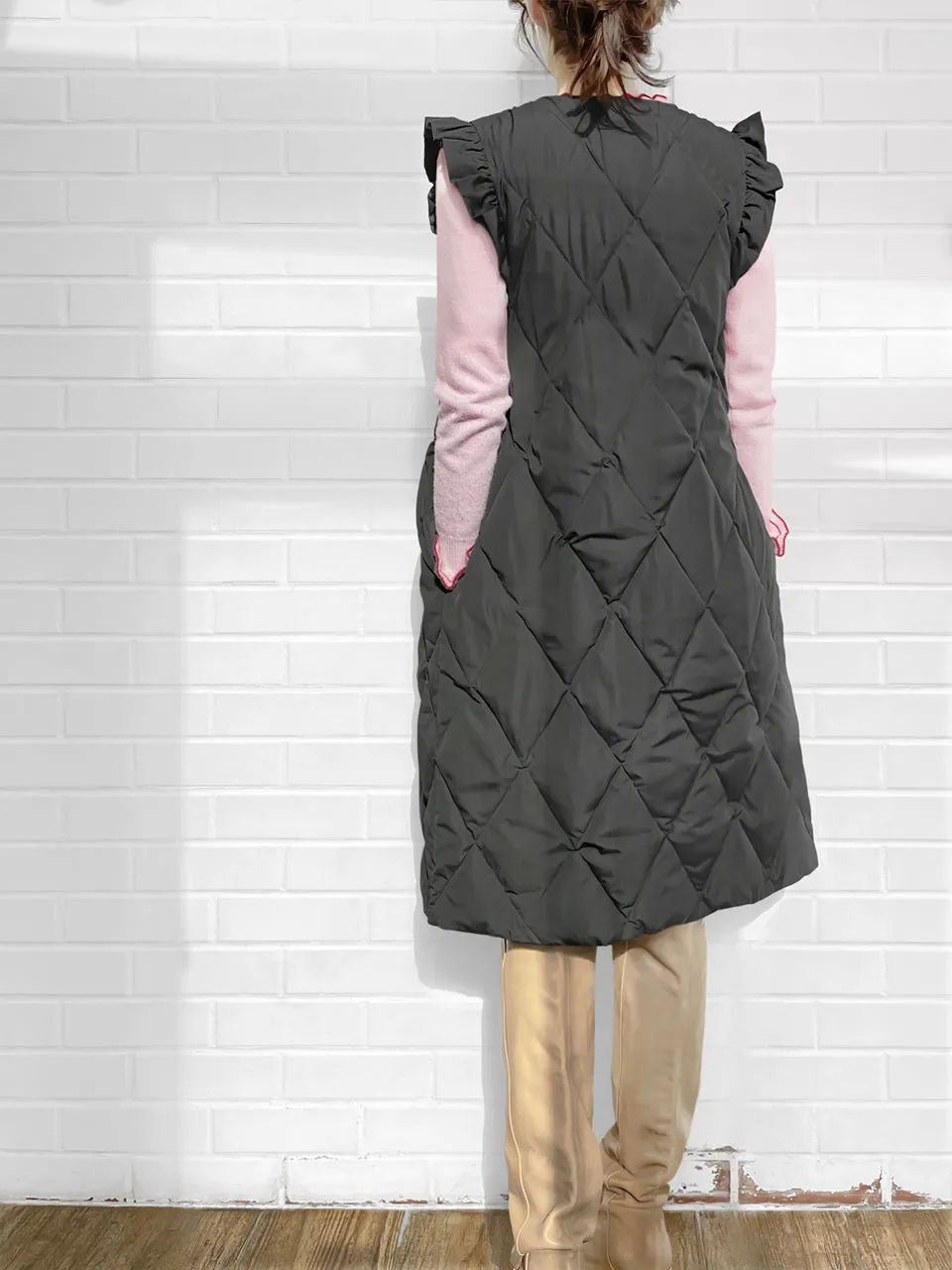 Surprise Sale! Dark Grey Frill Shoulder Longline Quilted Down Vest