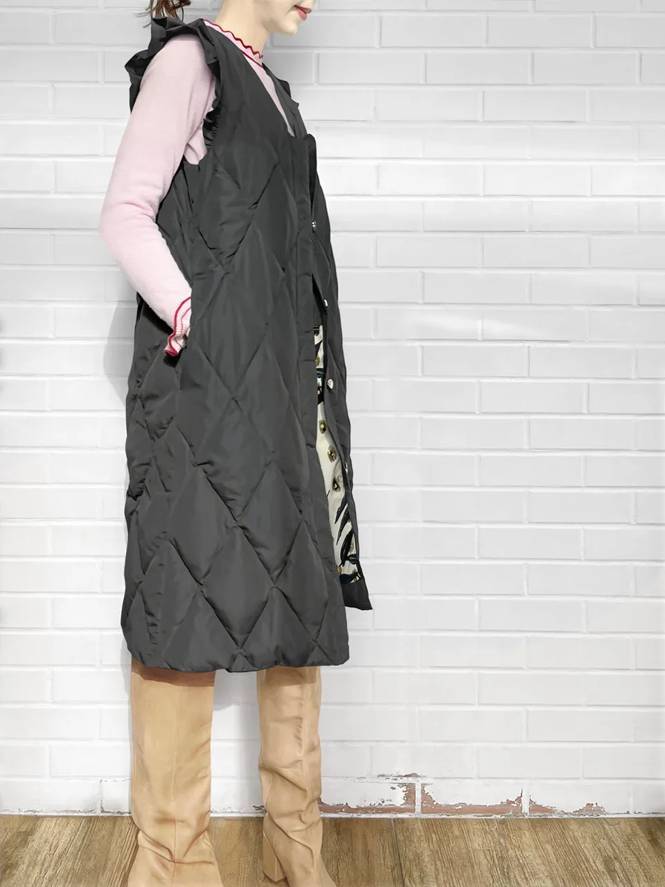 Surprise Sale! Dark Grey Frill Shoulder Longline Quilted Down Vest