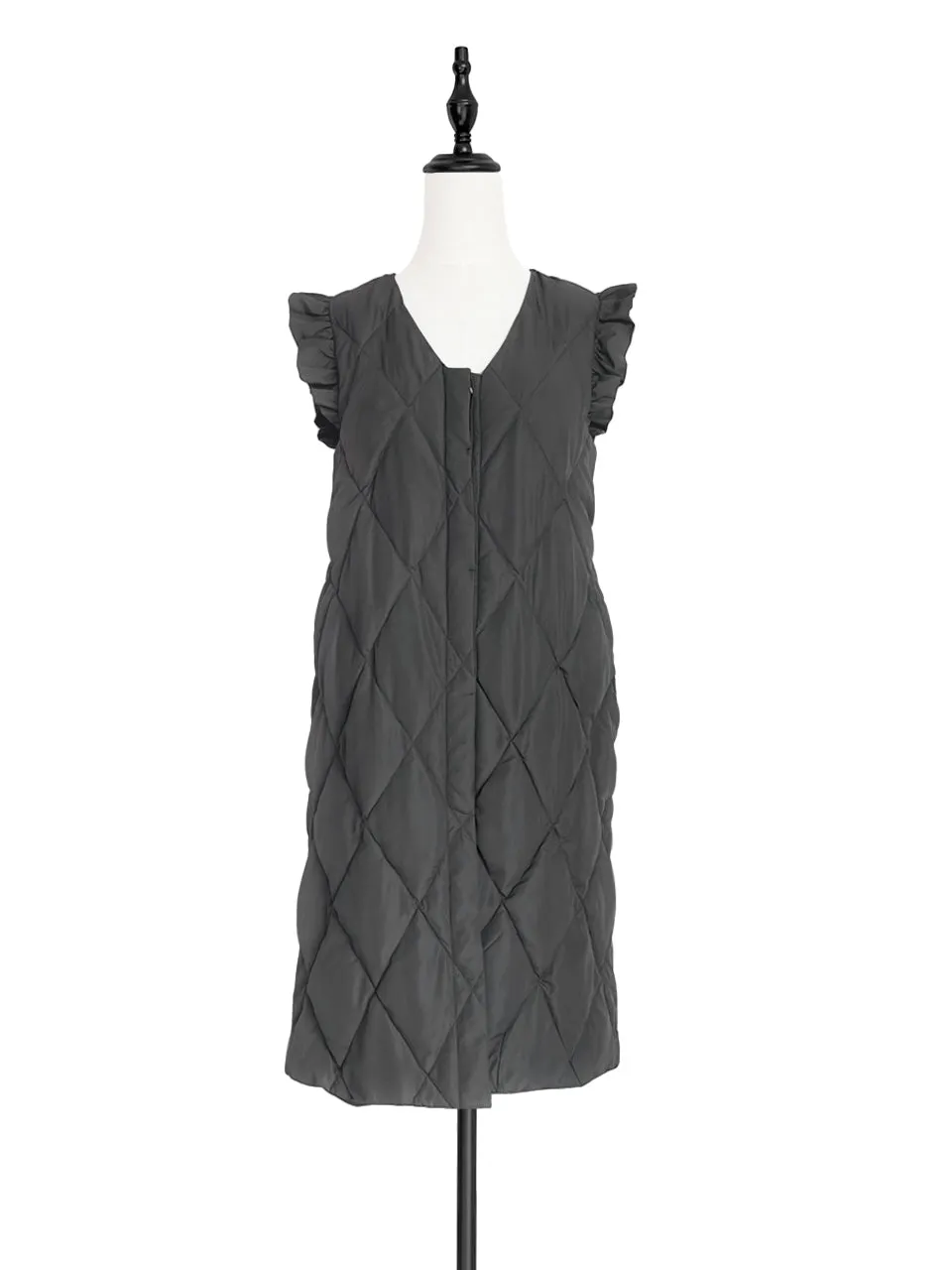 Surprise Sale! Dark Grey Frill Shoulder Longline Quilted Down Vest