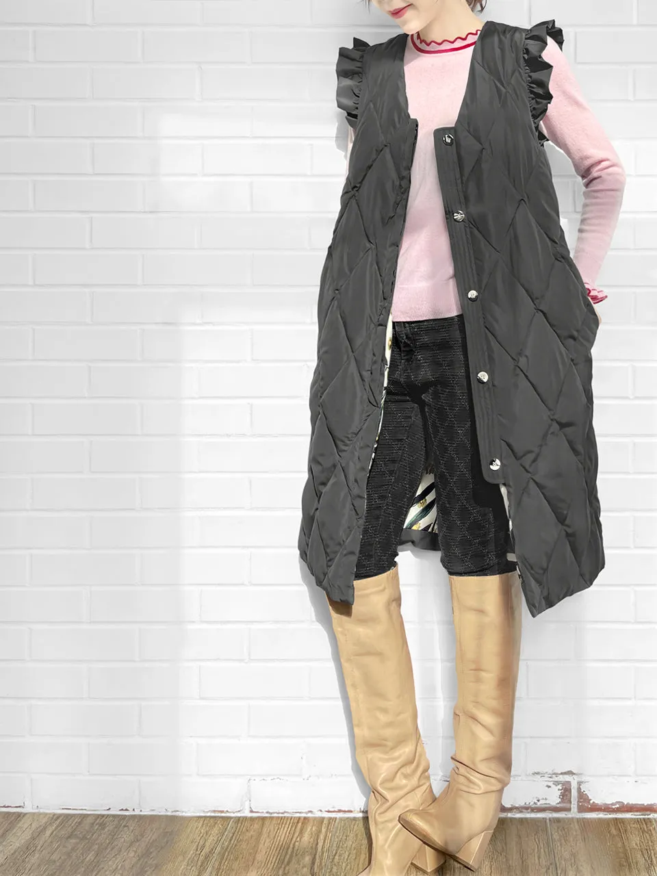 Surprise Sale! Dark Grey Frill Shoulder Longline Quilted Down Vest