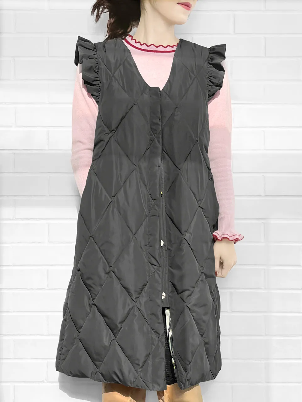 Surprise Sale! Dark Grey Frill Shoulder Longline Quilted Down Vest