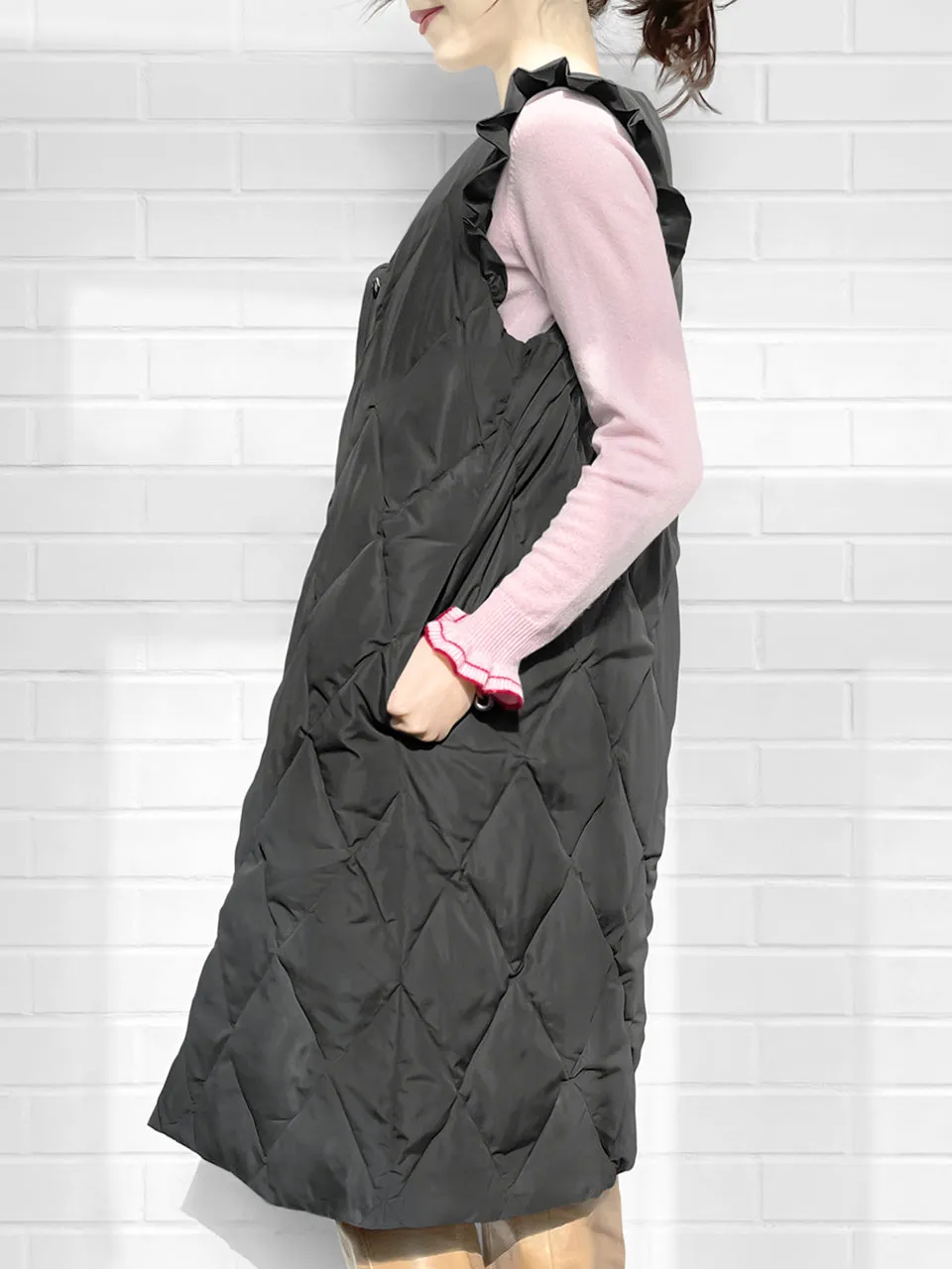 Surprise Sale! Dark Grey Frill Shoulder Longline Quilted Down Vest