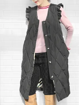 Surprise Sale! Dark Grey Frill Shoulder Longline Quilted Down Vest