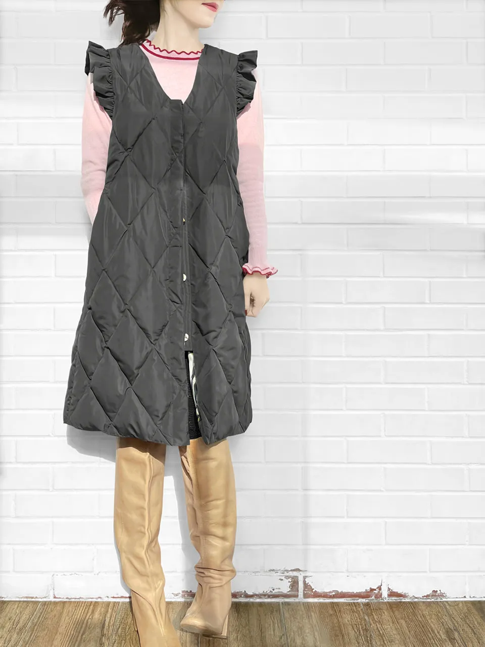 Surprise Sale! Dark Grey Frill Shoulder Longline Quilted Down Vest