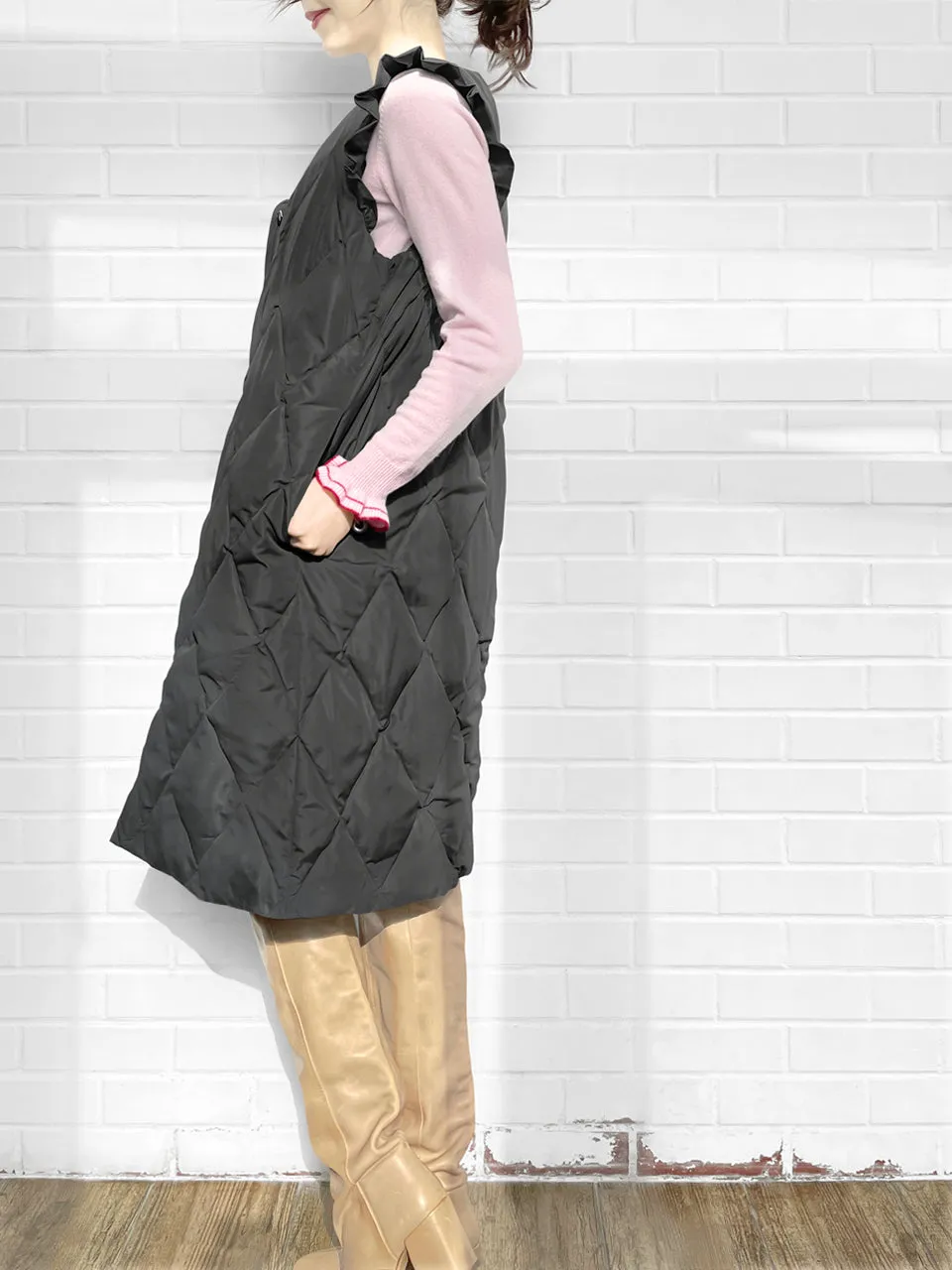 Surprise Sale! Dark Grey Frill Shoulder Longline Quilted Down Vest