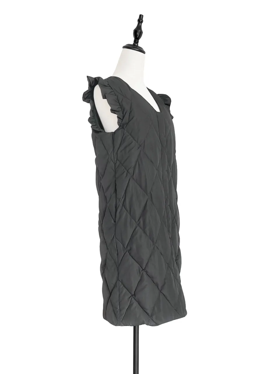 Surprise Sale! Dark Grey Frill Shoulder Longline Quilted Down Vest