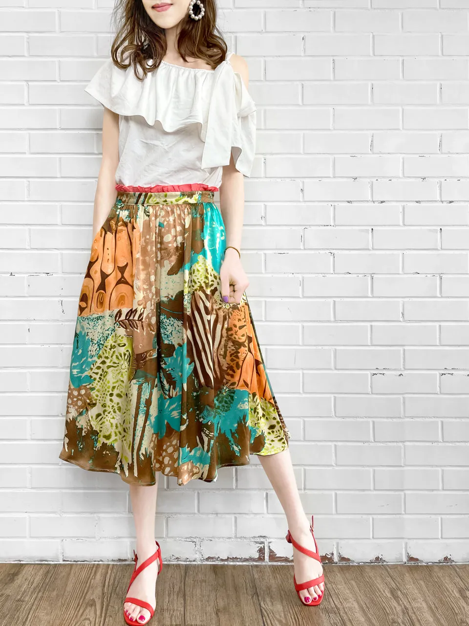 Surprise Sale! Elegant Summer Jungle Paperbag Waist Midi Silky Skirt