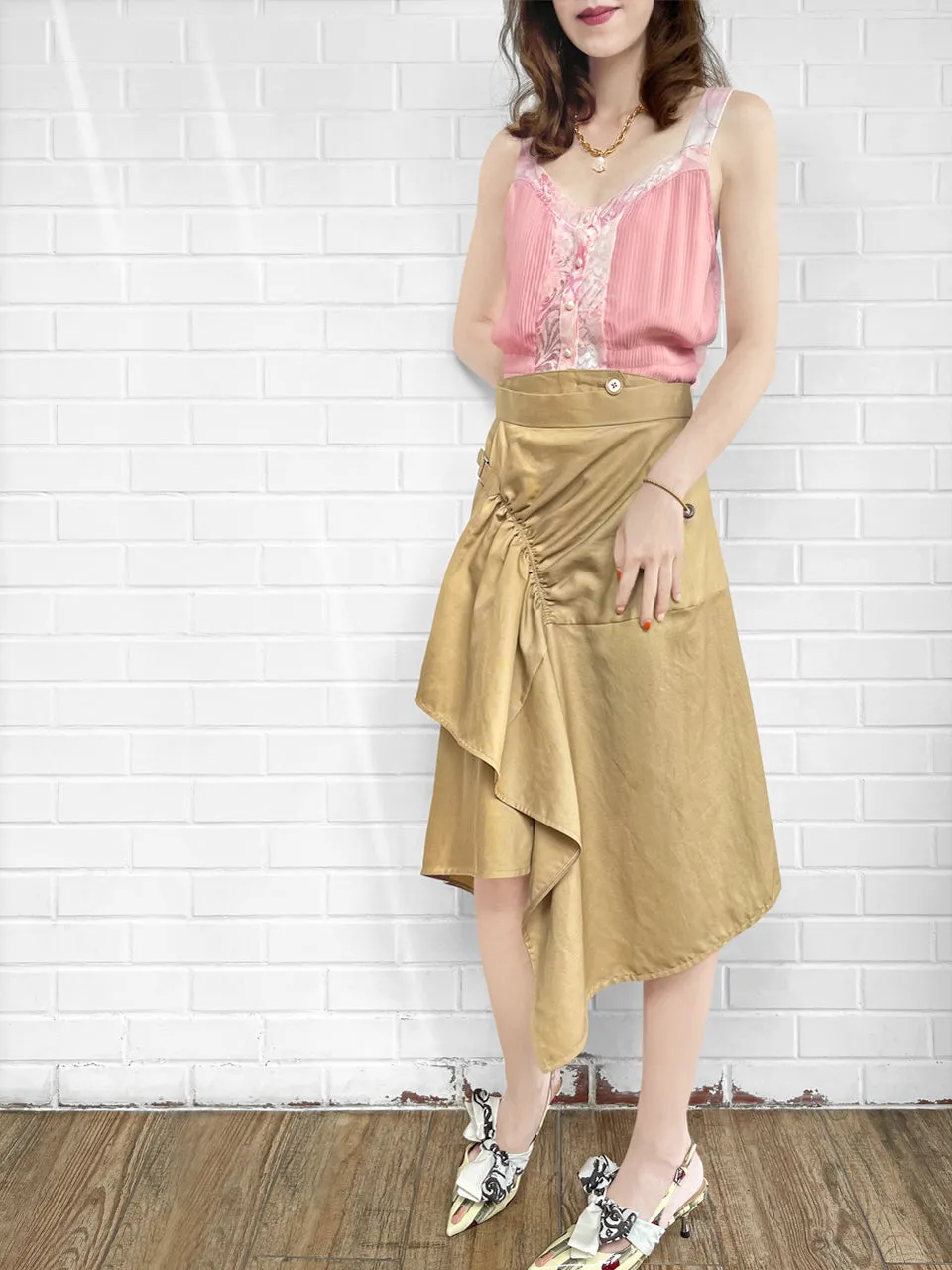 Surprise Sale! Khaki Ruched Handkerchief Hem Skirt