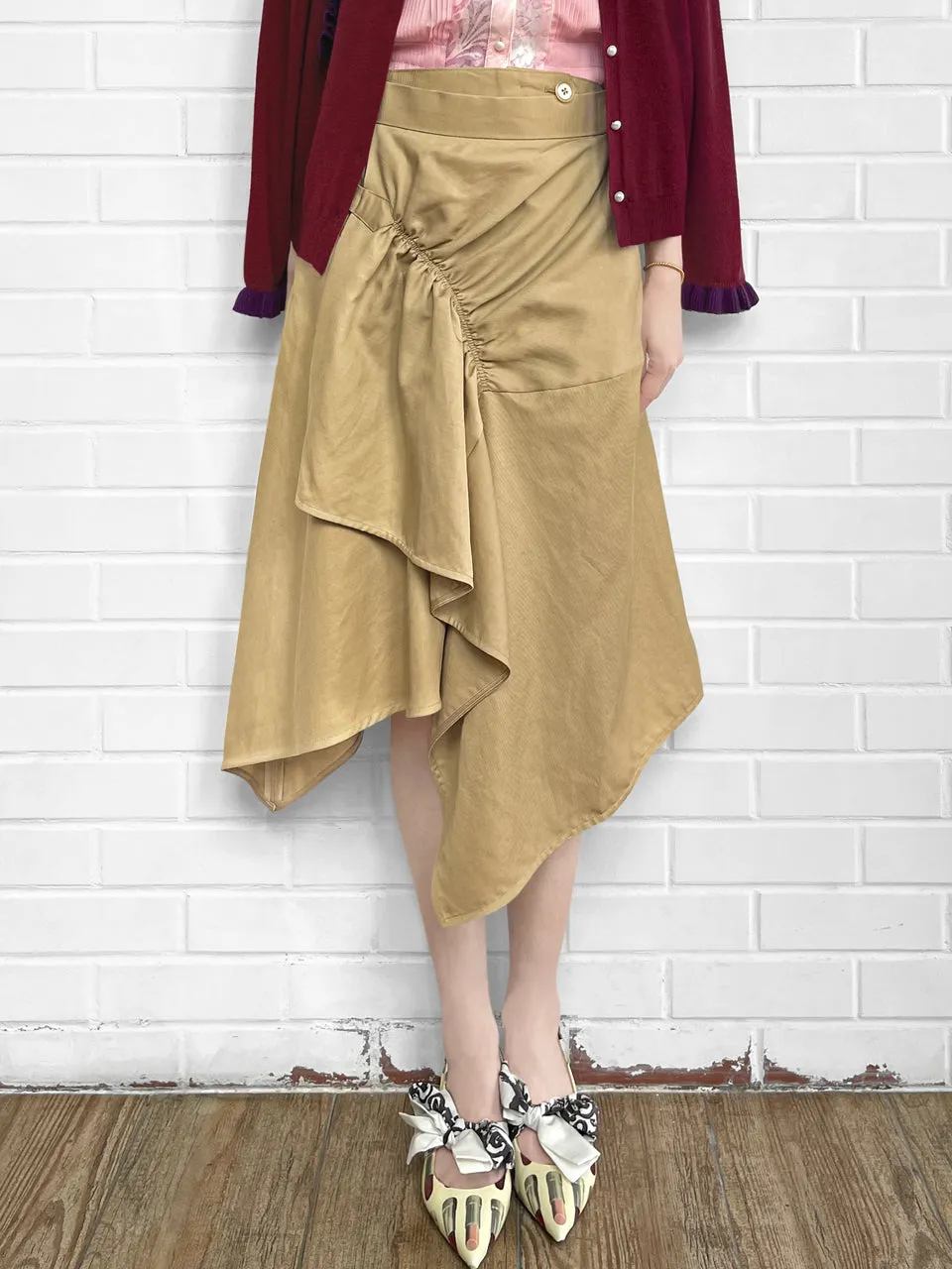 Surprise Sale! Khaki Ruched Handkerchief Hem Skirt