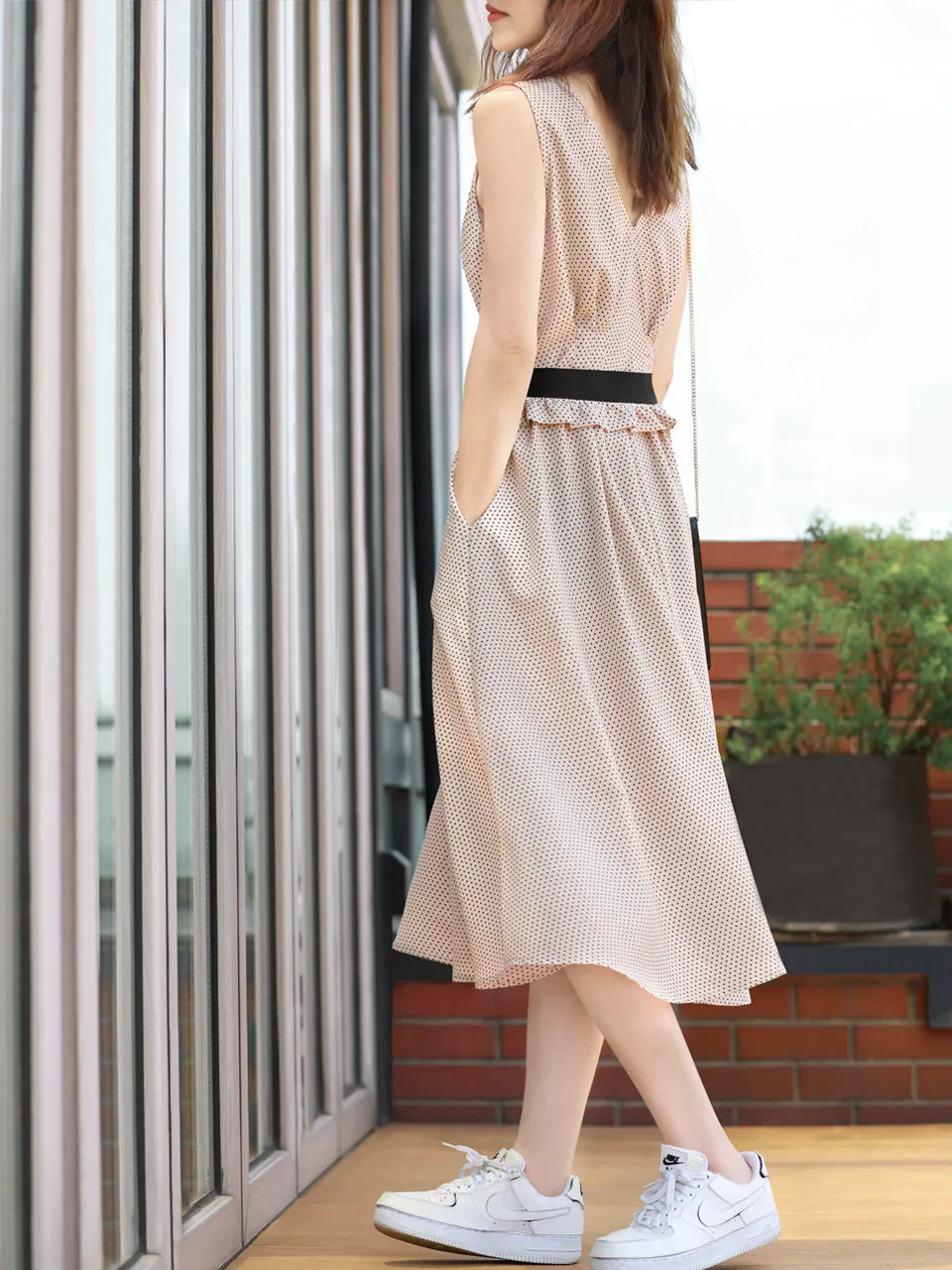 Surprise Sale! Nuddy-Pink Dotty Sleeveless Belted Midi Dress