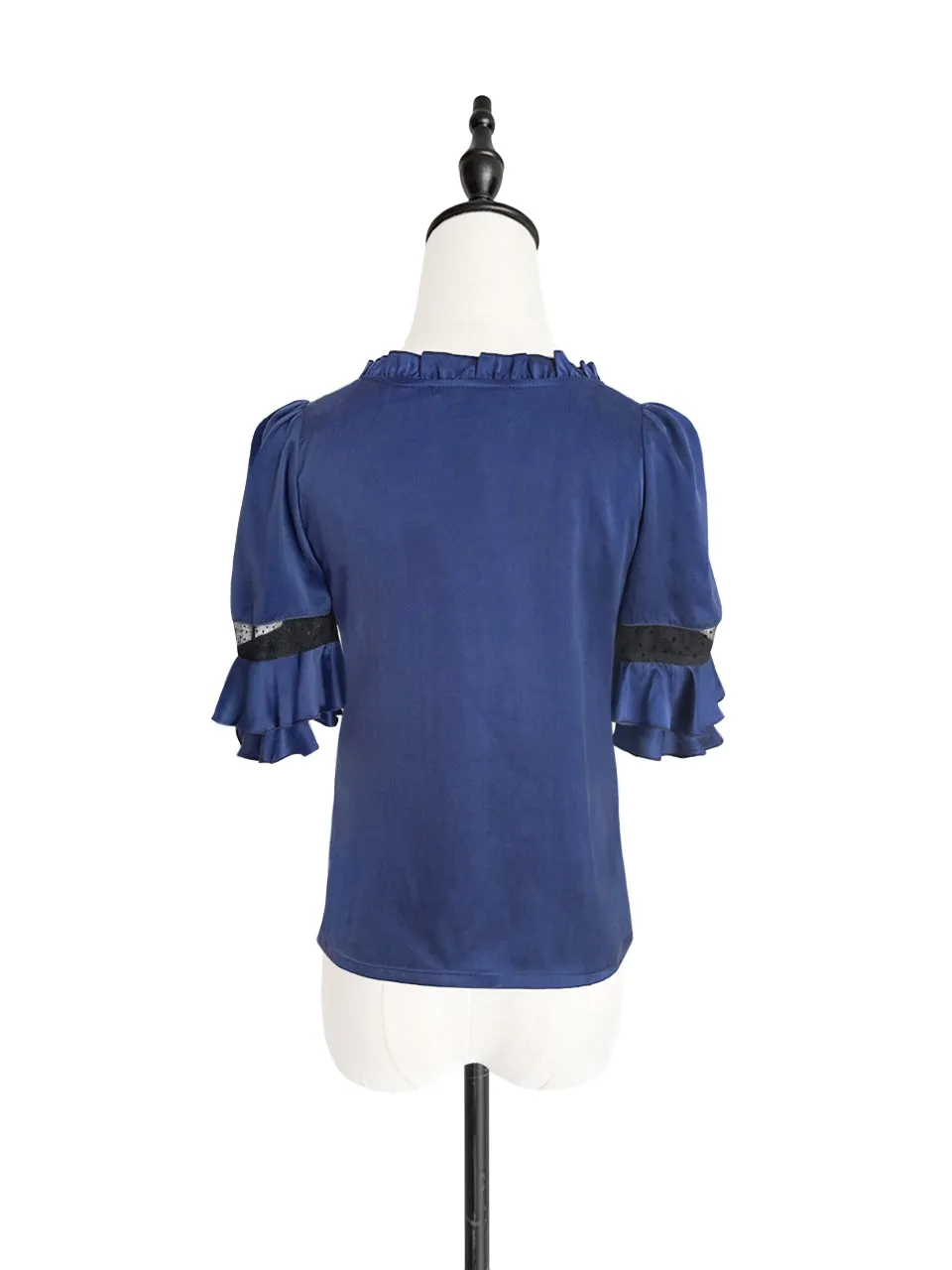 Surprise Sale! Purplish-Blue Mesh Trimmed Sleeves Ruffle Silky Top