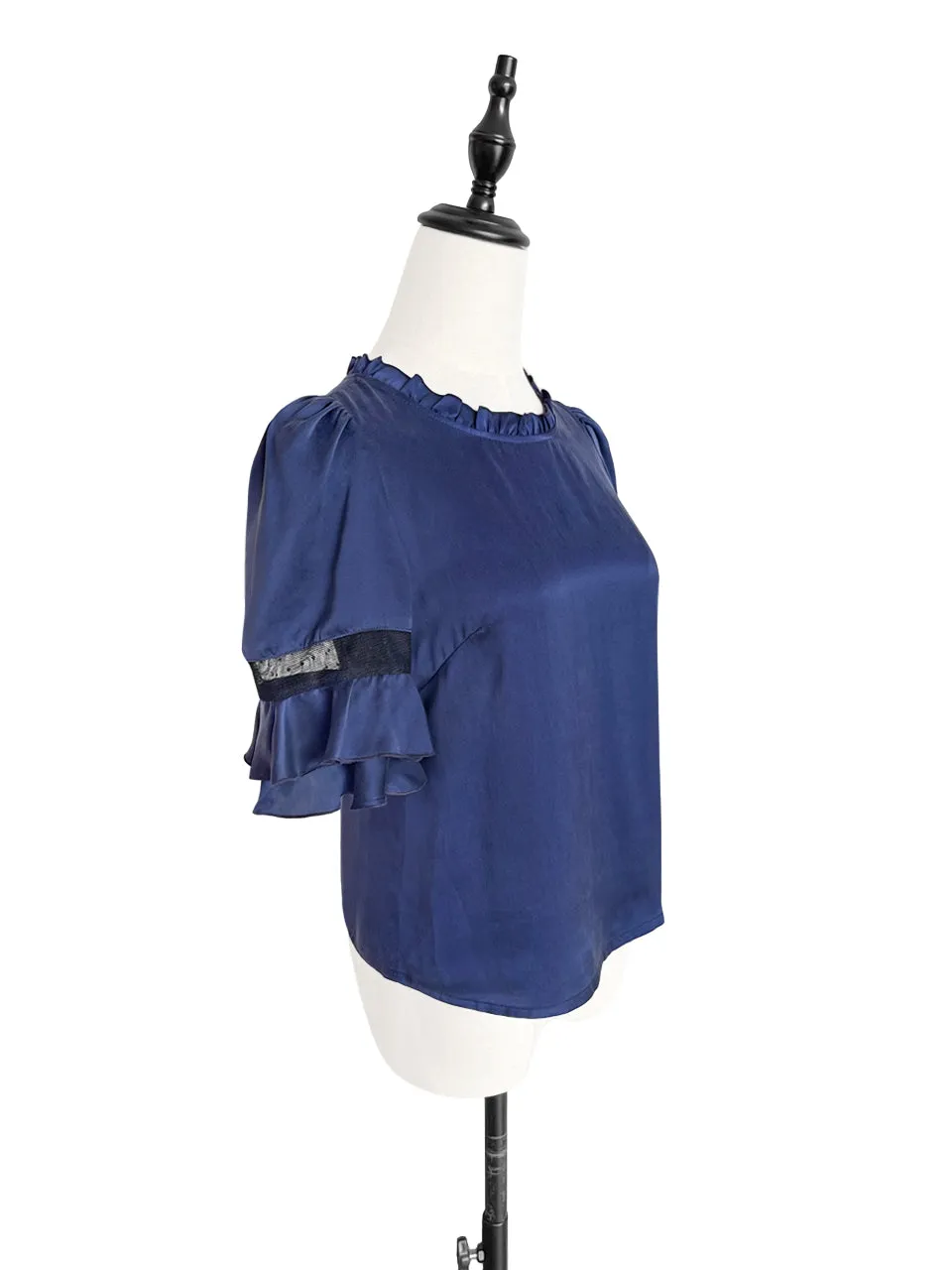 Surprise Sale! Purplish-Blue Mesh Trimmed Sleeves Ruffle Silky Top