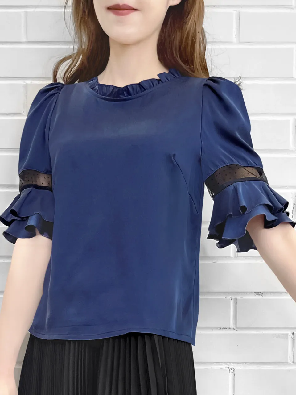 Surprise Sale! Purplish-Blue Mesh Trimmed Sleeves Ruffle Silky Top