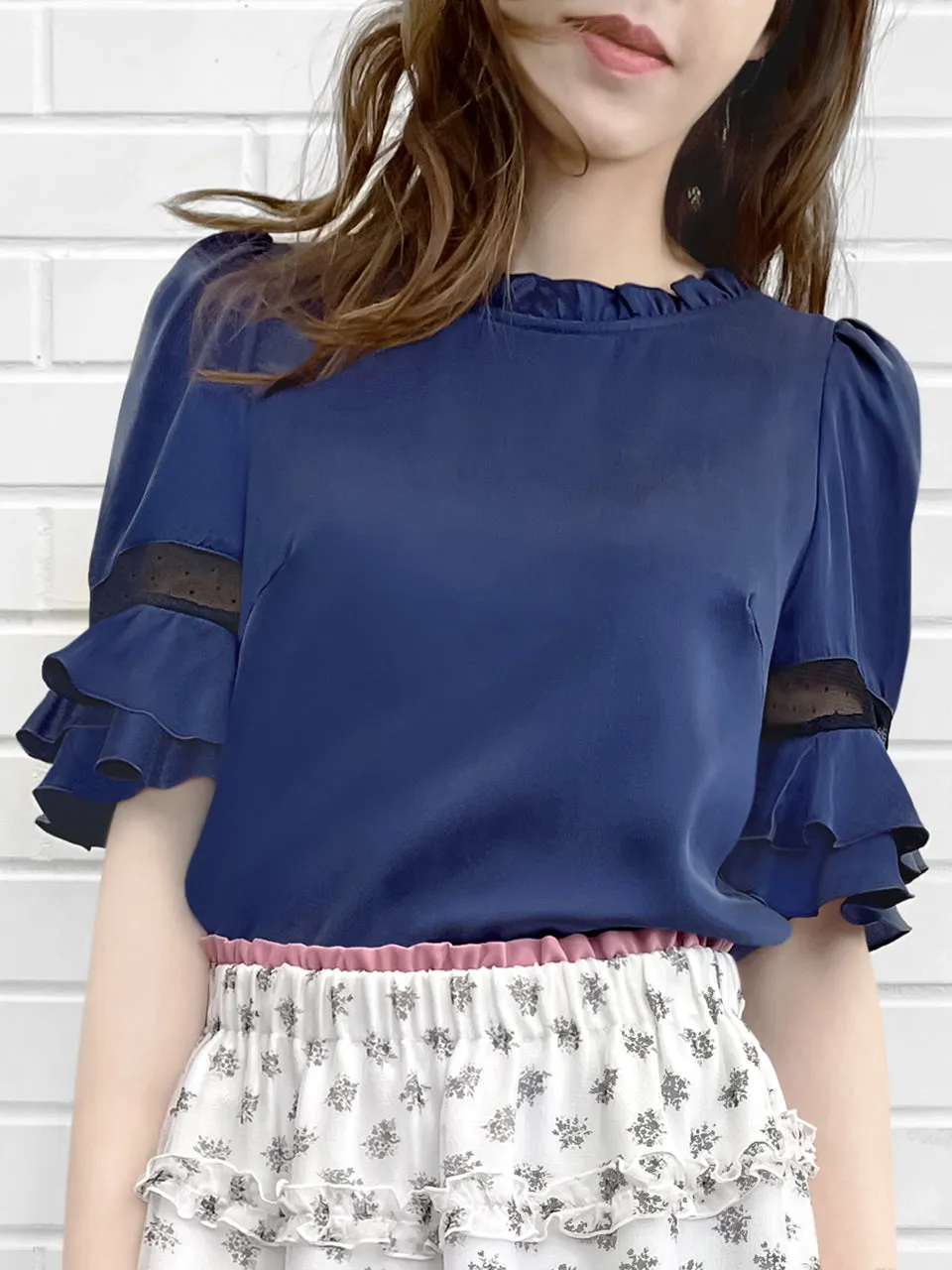 Surprise Sale! Purplish-Blue Mesh Trimmed Sleeves Ruffle Silky Top