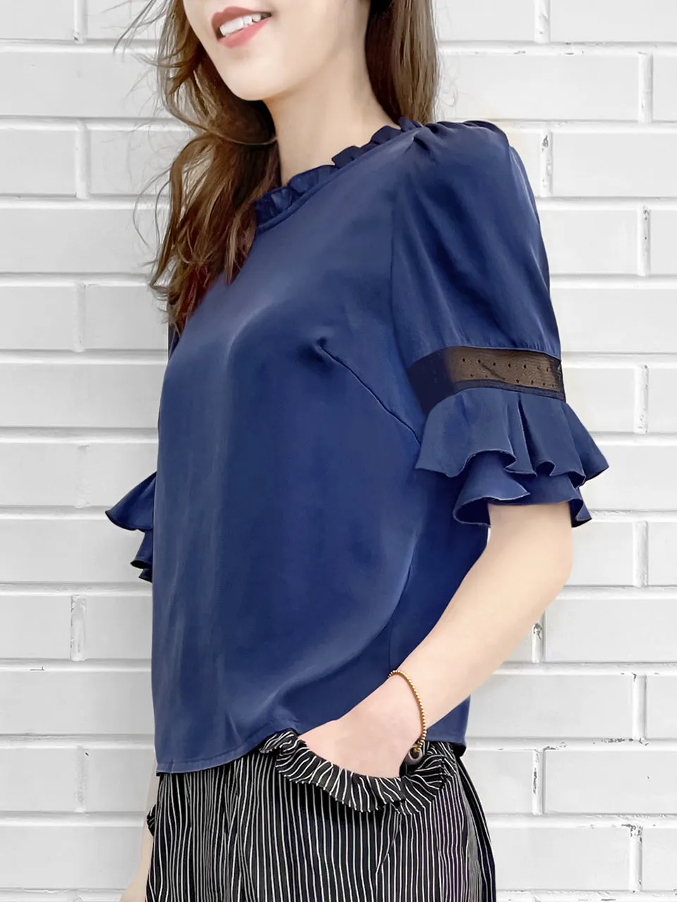 Surprise Sale! Purplish-Blue Mesh Trimmed Sleeves Ruffle Silky Top