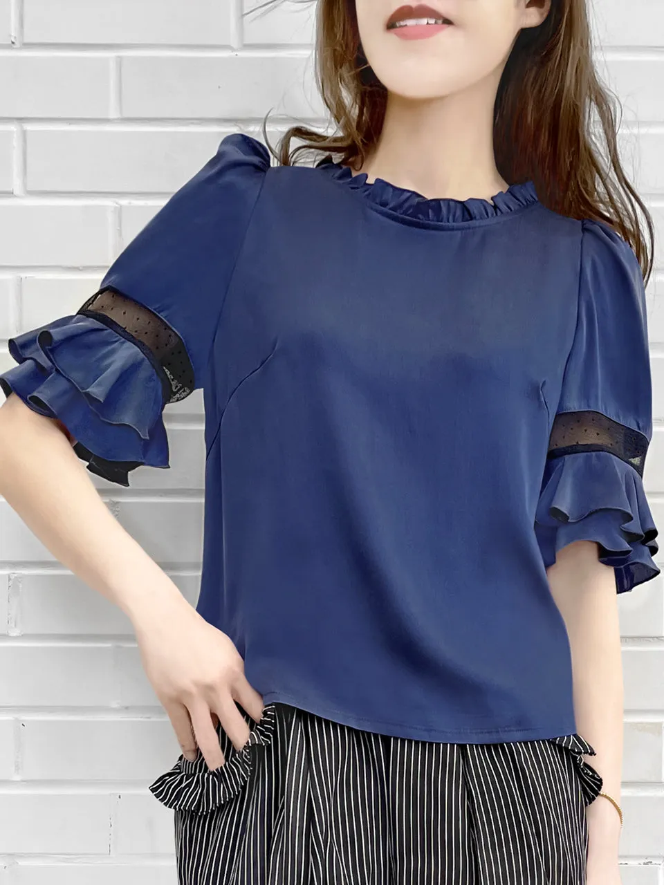 Surprise Sale! Purplish-Blue Mesh Trimmed Sleeves Ruffle Silky Top