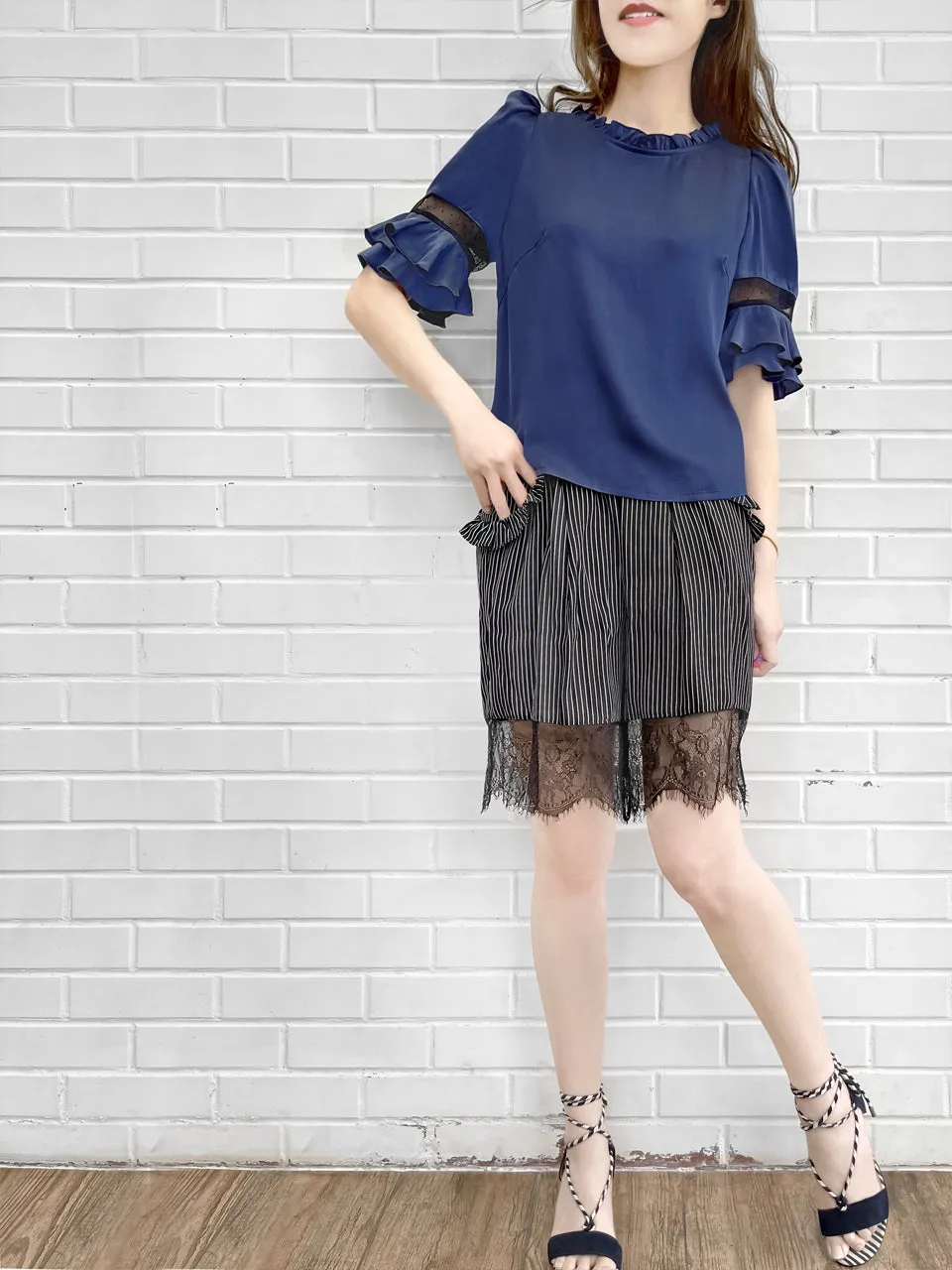 Surprise Sale! Purplish-Blue Mesh Trimmed Sleeves Ruffle Silky Top