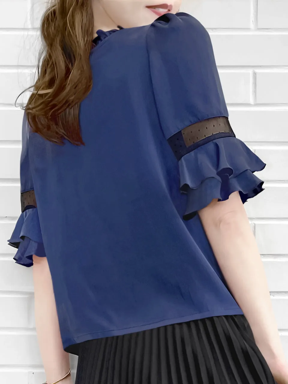 Surprise Sale! Purplish-Blue Mesh Trimmed Sleeves Ruffle Silky Top