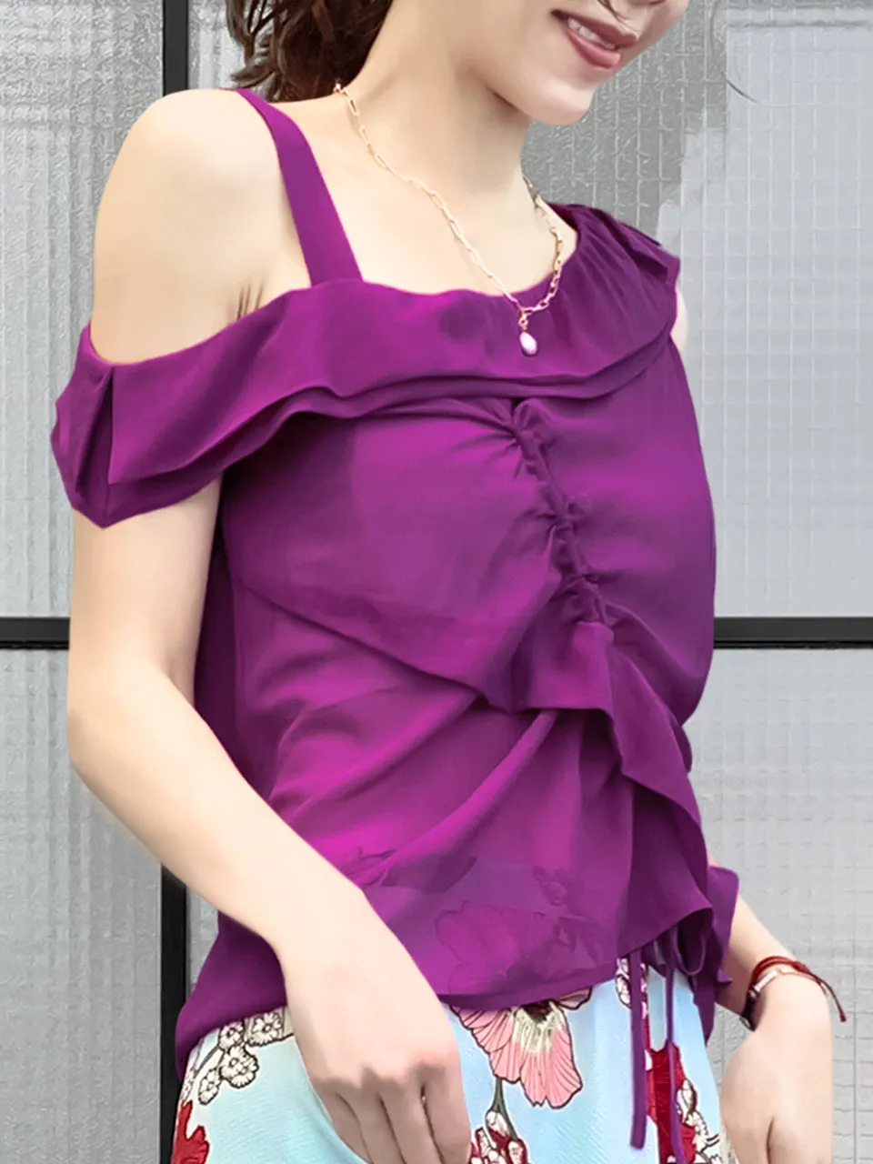 Surprise Sale! Red Violet Asymmetrical Drawstring Silky Top