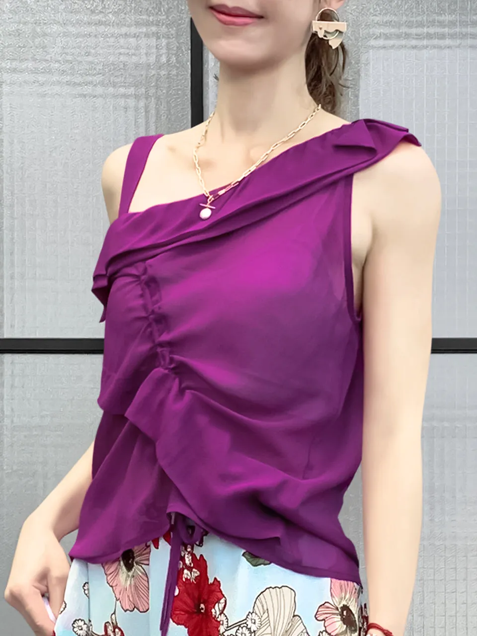 Surprise Sale! Red Violet Asymmetrical Drawstring Silky Top