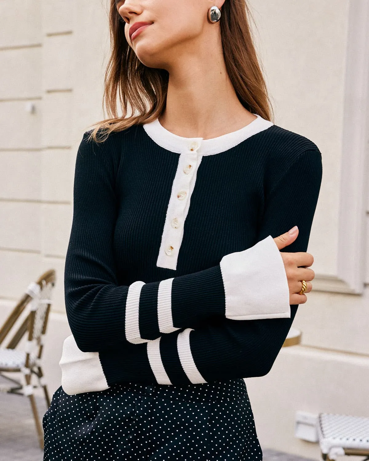 The Black Round Neck Contrast Trim Knit Top