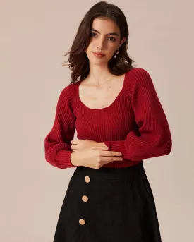 The Red Scoop Neck Lantern Sleeve Sweater