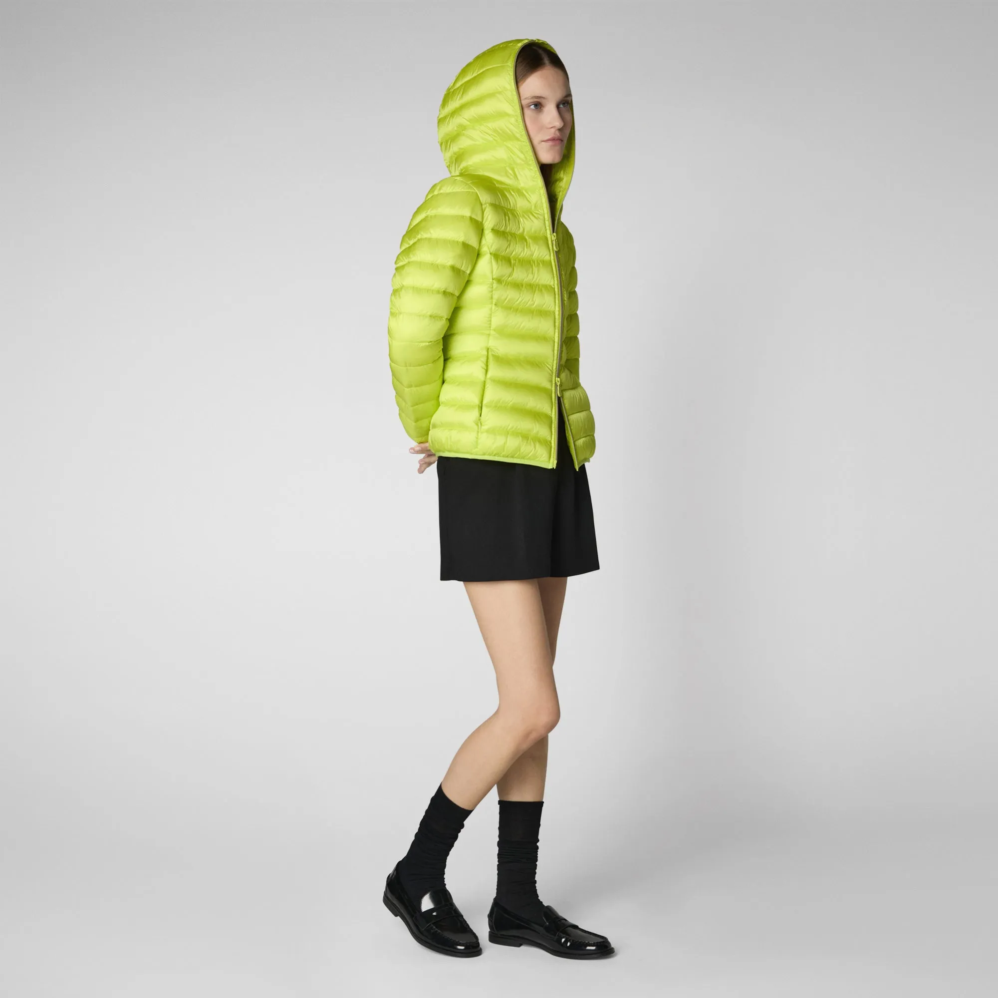 Woman's animal free hooded puffer jacket Alexis in lichen green