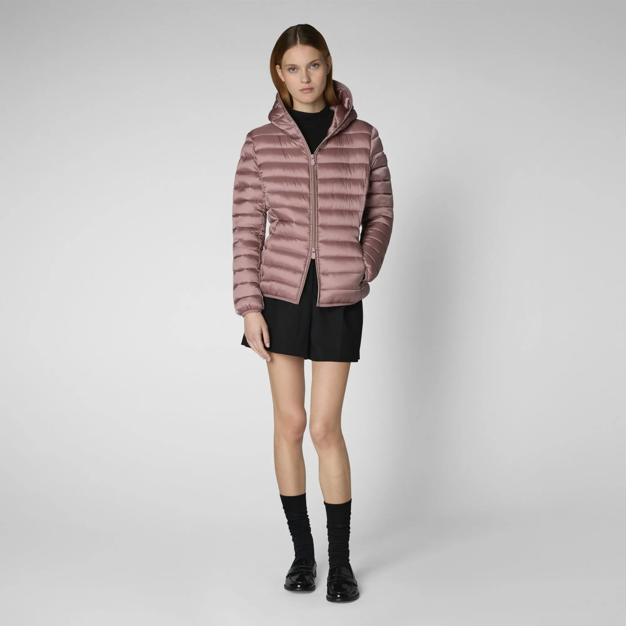 Woman's animal free hooded puffer jacket Alexis in misty rose