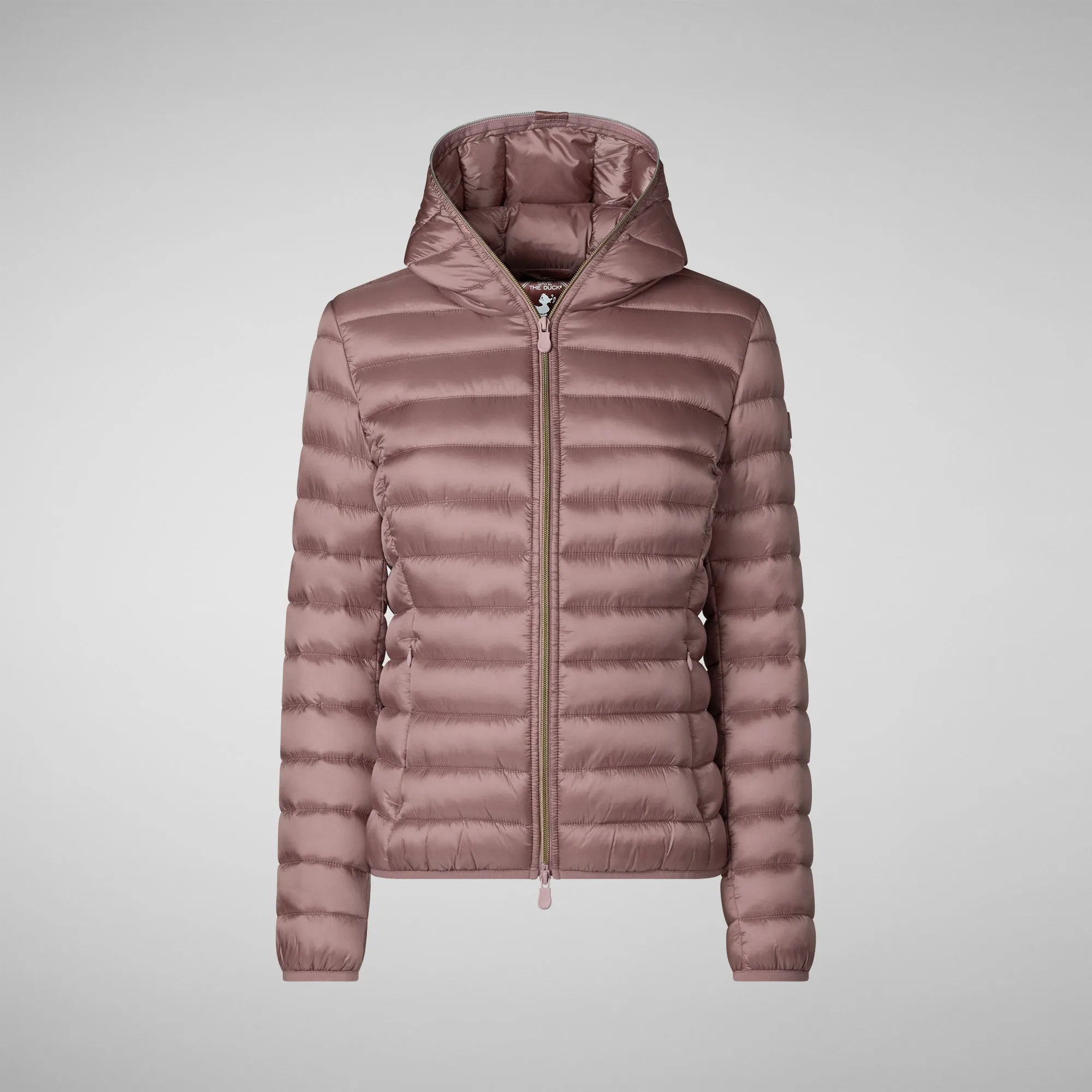 Woman's animal free hooded puffer jacket Alexis in misty rose