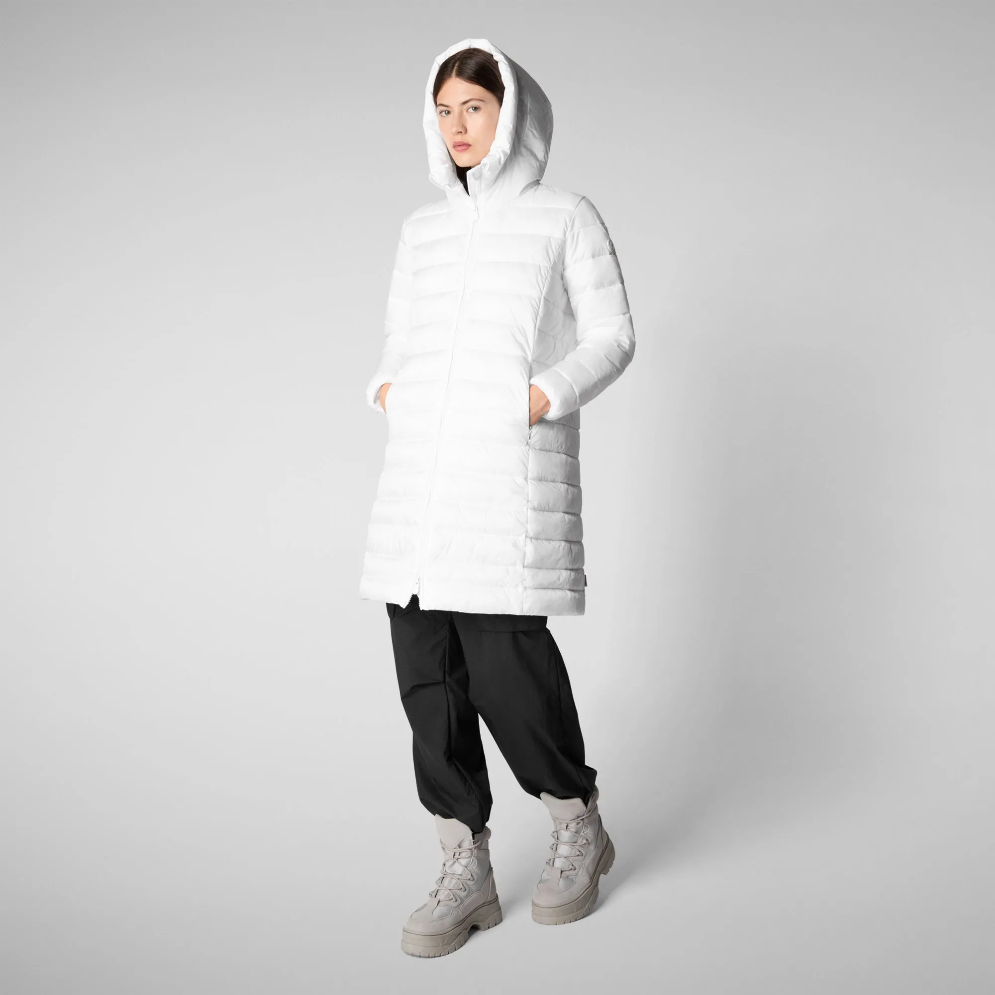 Woman's animal free hooded puffer jacket Saffron in white