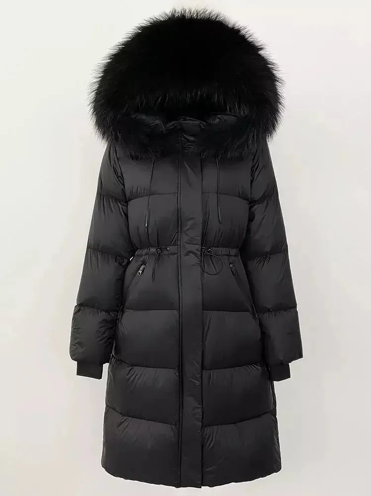 Women’s Drawstring Waist Long Down Coat in Black with Black Fur Hood