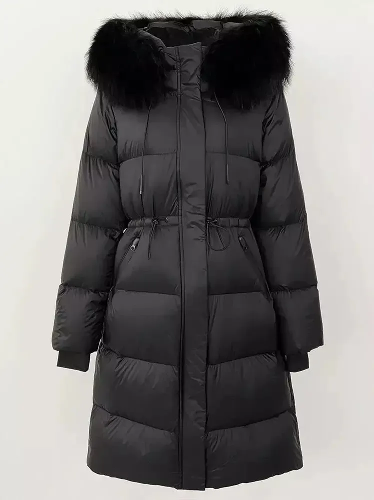 Women’s Drawstring Waist Long Down Coat in Black with Black Fur Hood