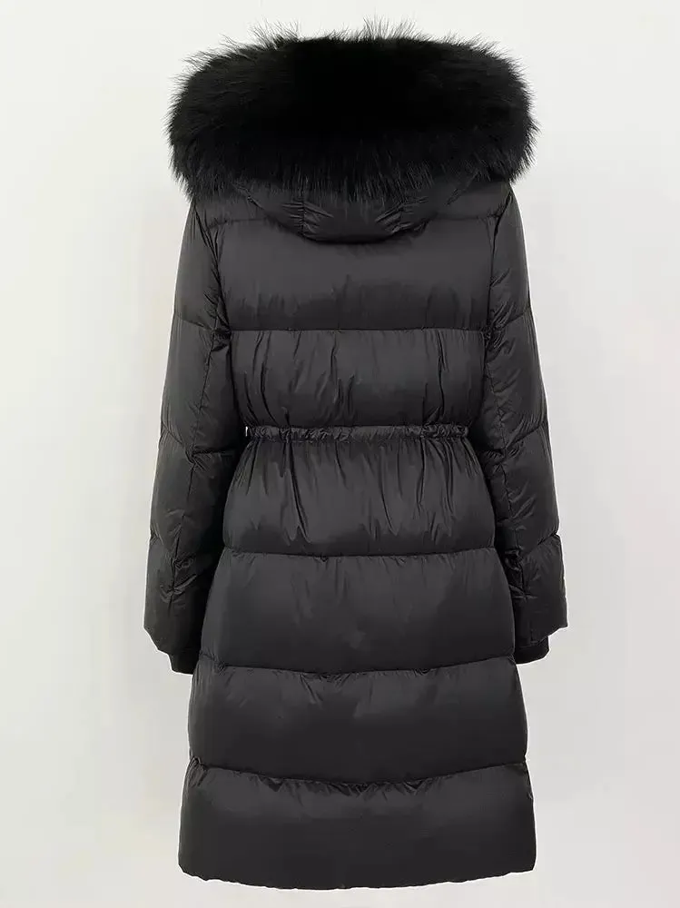 Women’s Drawstring Waist Long Down Coat in Black with Black Fur Hood