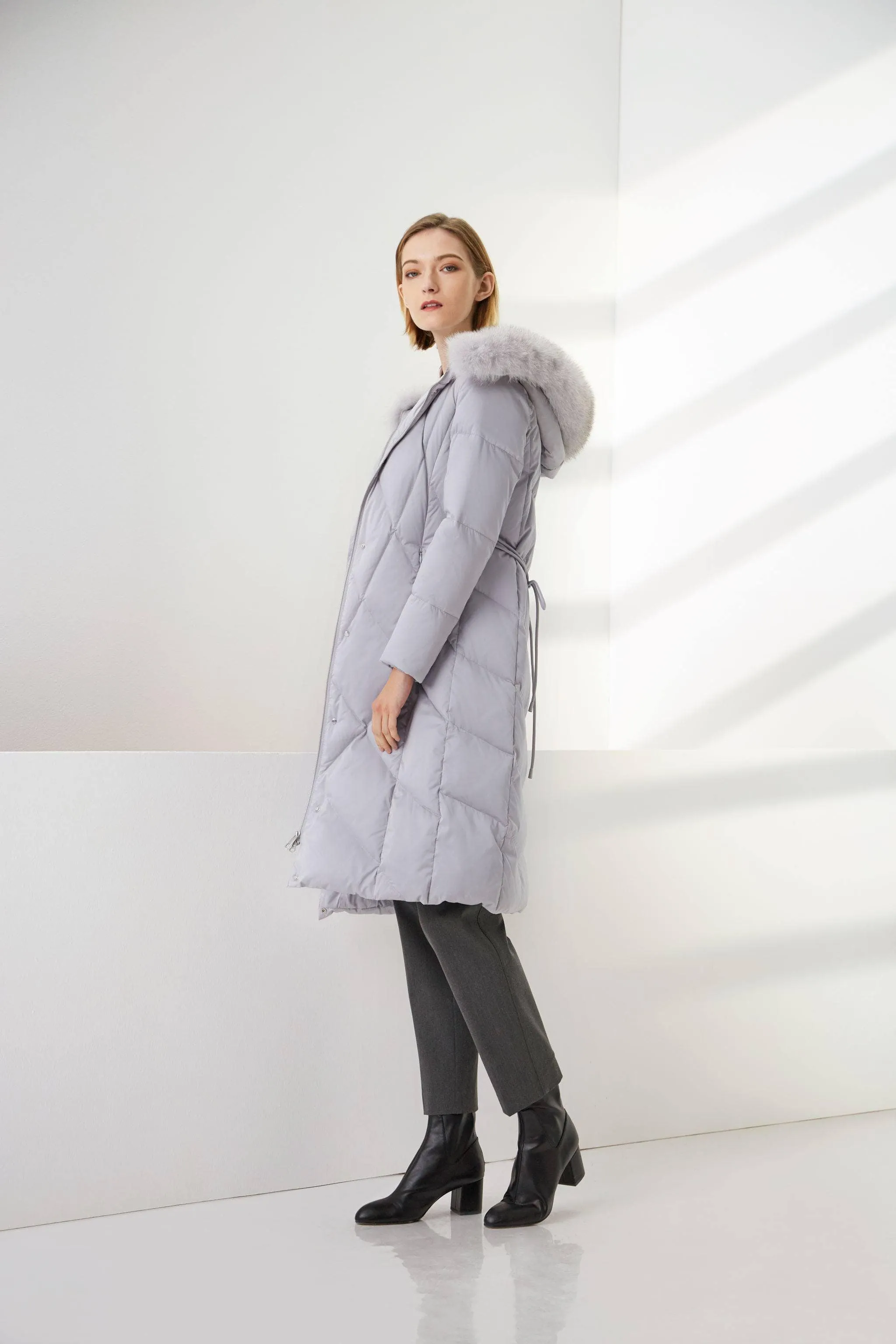 Women's fur hood trim long down jacket