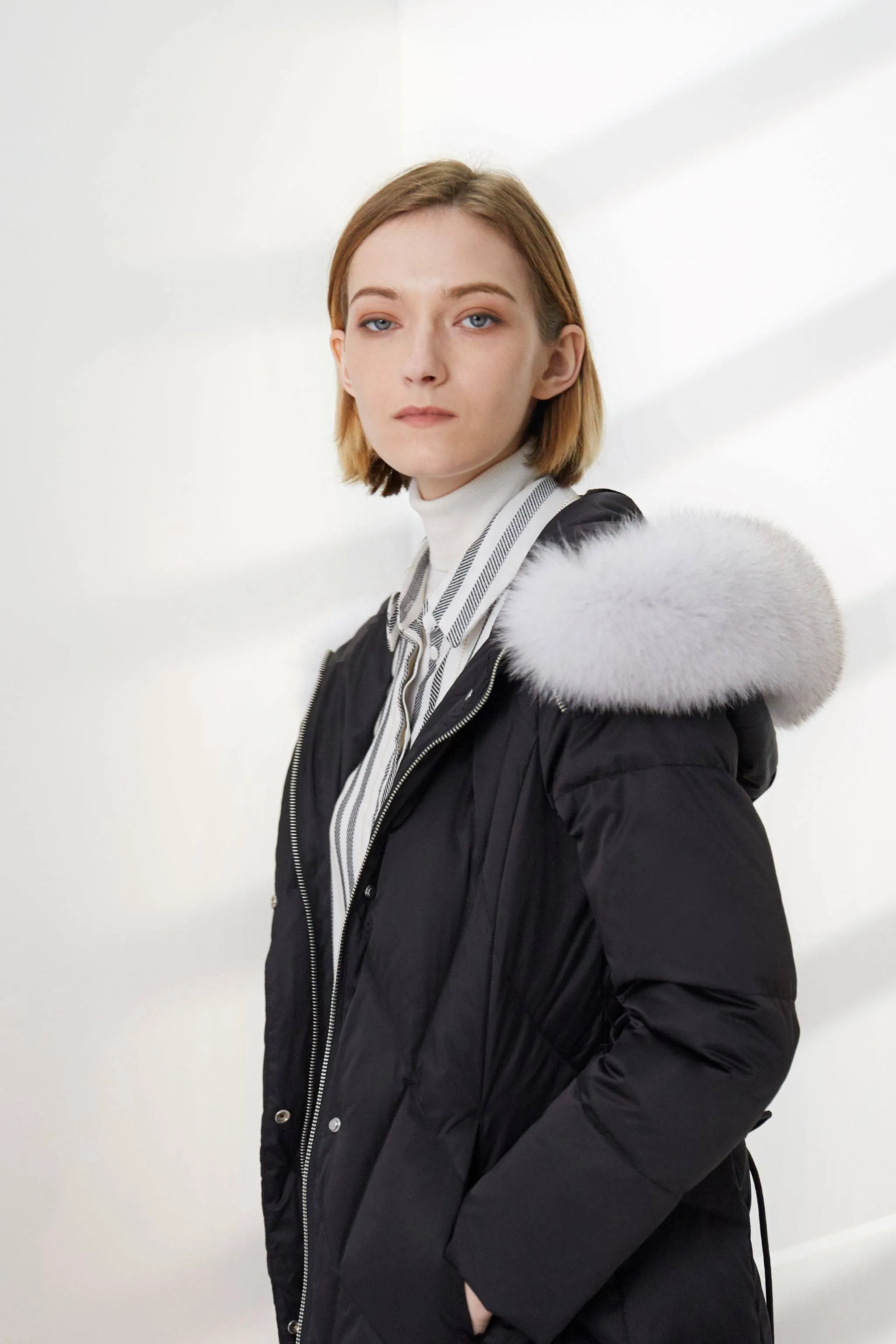 Women's fur hood trim long down jacket