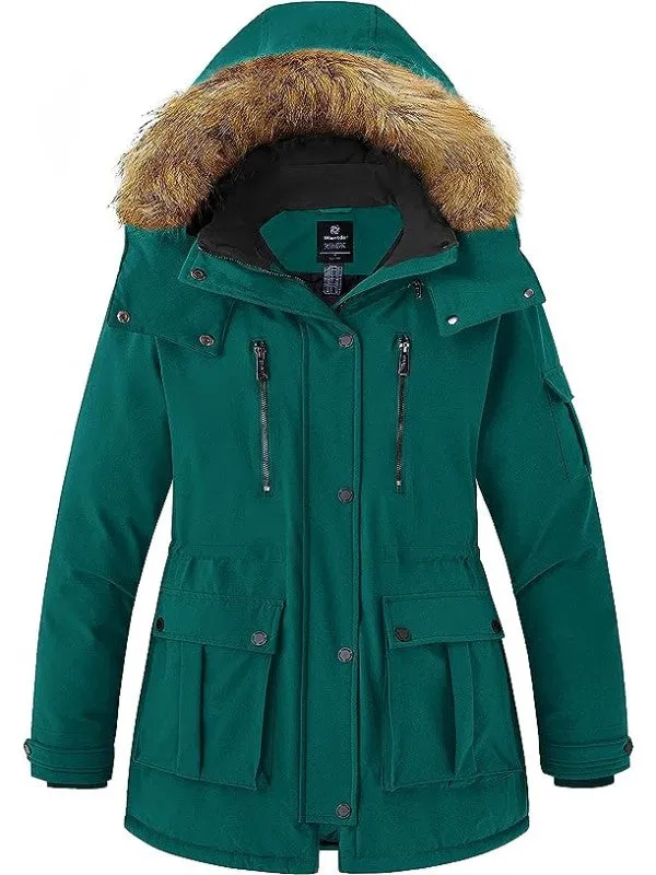 Women's Plus Size Puffer Jacket Warm Winter Parka Coat with Removable Fur Hood Regenerated Polyester