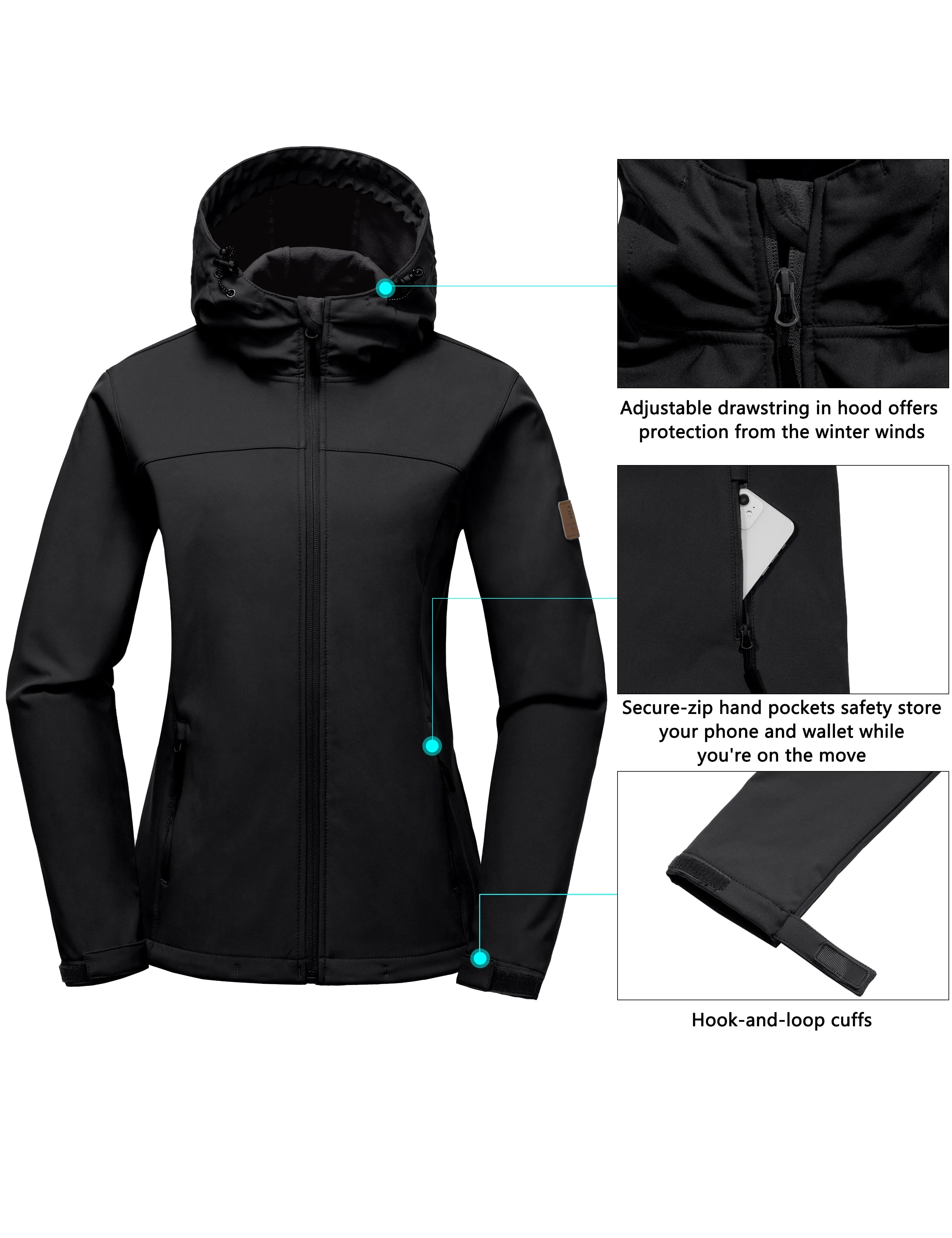 Women's Softshell Jacket Hooded Windproof Fleece Lined Jackets